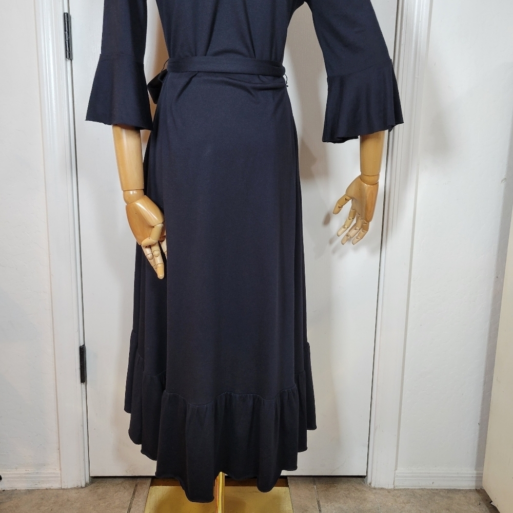 Soft Surroundings Black V-Neck Tie Waist Ruffle Hem Midi Dress XSP - Picture 9 of 11